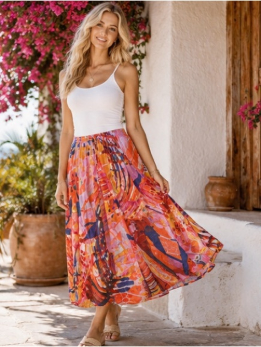 Womens Colorful Abstract Print Boho Midi Skirt Elastic Waist Flowy Lined XS/S
